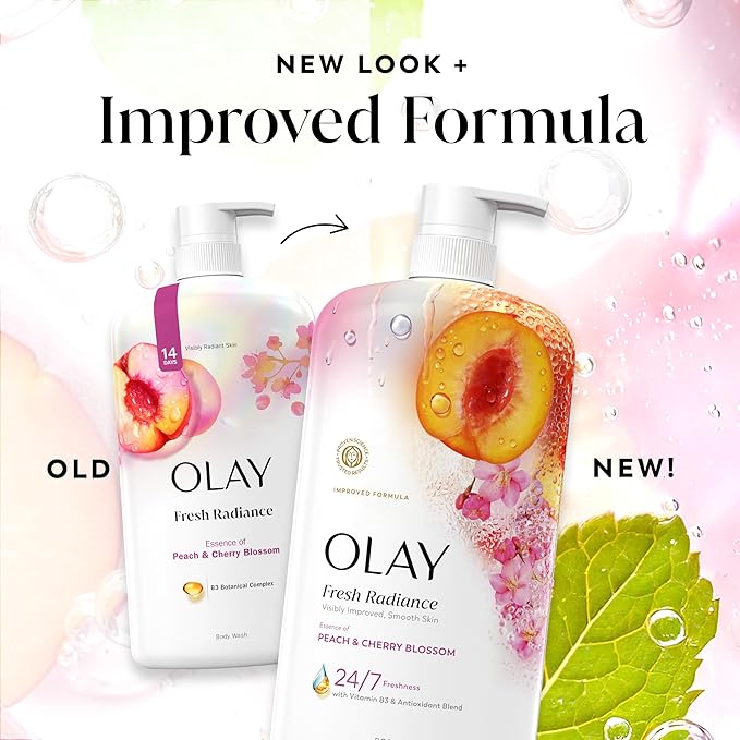 Olay Body Wash for Women, Fresh Radiance, 24/7 Skin-Loving Freshness, Visibly Radiant, Plant Based Cleansers, Vitamin B3 & Antioxidant Blend, For All Skin Types, Peach & Cherry Blossom Scent, 29 fl oz