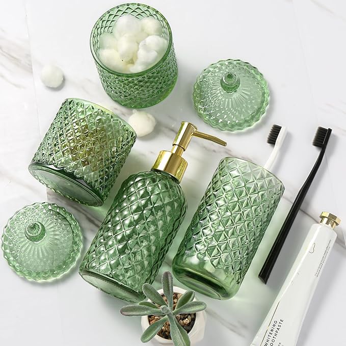 Green Bathroom Accessories Set, 4 Pack Olive Green Bathroom Decor Accessory Sets Complete, Diamond Glass Soap Dispenser and Toothbrush Holder Set for Bath Counter Organizer Essentials