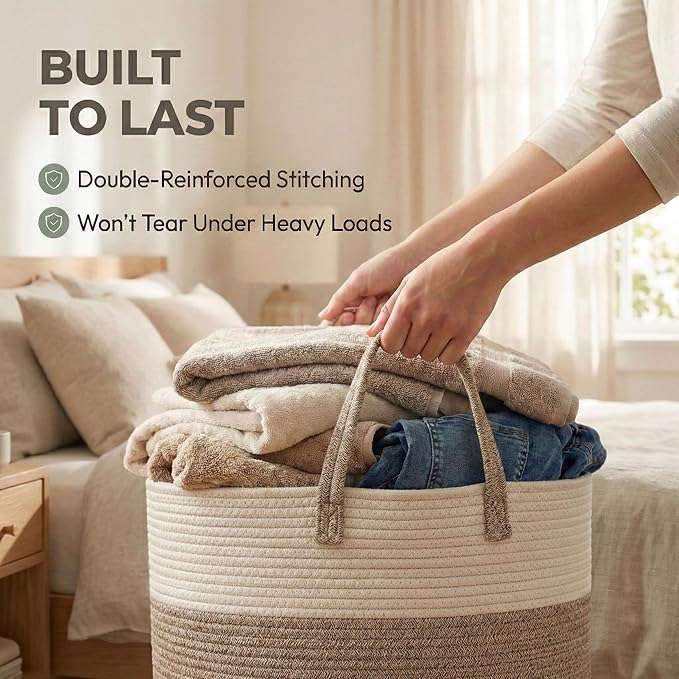 115L Extra Large Blanket Basket for Living Room - Woven Cotton Rope Laundry Hamper with Reinforced Handles - Storage Bin for Pillows, Comforters & Toys - Machine Washable,White&Brown