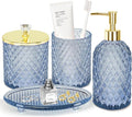 Jenseits Glass Bathroom Accessory Set 4 Piece - Elegant Blue Diamond Cut Bathroom Set - Lotion Dispenser, Toothbrush Holder, Cotton Swab Jar, Tray - Modern Guest Bathroom Countertop Decor