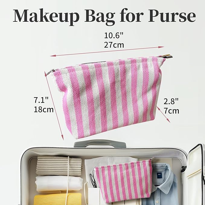 Pink Striped Canvas Makeup Bag, Lightweight Cosmetic Pouch with Large Zipper Pull & Cotton Blend Lining, Travel Toiletry Organizer for Women & Gifts, Skincare Bag Hygiene Pouch Sunscreen Bag