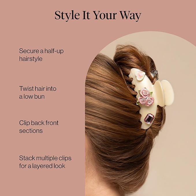 KitschPop ™ Hair Clips For Women with Charm Sets -Customizable Curved Claw Clip With Interchangeable Collectible Cute Charms | Ideal Gifts For Women - Vintage - Pearlized Cream, 7pcs Set