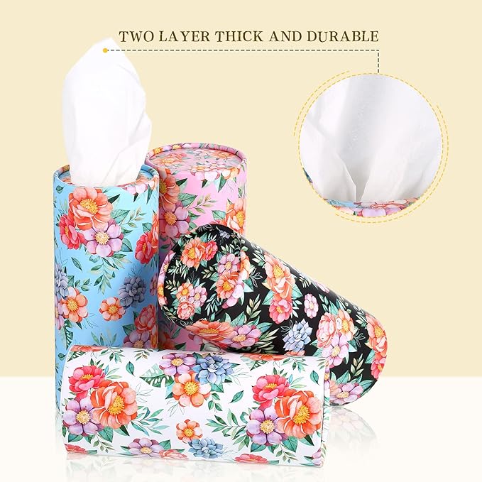 Tanlade 4 Pack Car Tissue Holder Tissues Cylinder Facial Tissue Floral Cylinder Travel Tubes for Car Cup Holder Spring Summer Home Bathroom Office Decor Christmas Ideal Gift for Women