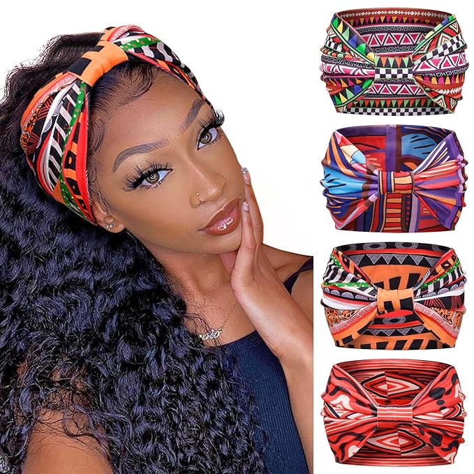 Huachi Wide Headbands for Women Boho Workout Head Bands for Women’s Hair African Knotted Non Slip Headwrap Turban Sport Yoga Girls Bandeau Hair Accessories (Pack of 4)