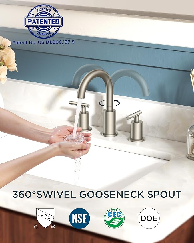 FORIOUS Brushed Nickel Bathroom Faucet 3 Hole with Metal Pop Up Drain and 24" Supply Hose, 2 Handle 8 Inch Widespread 3 Hole Vanity Faucet for Bathroom Sink Brush Nickel with 360° Swivel Spout