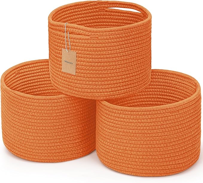 Small Rope Baskets for Storage, Baskets for Gifts Empty, Cute Round Woven Basket, Decorative Shelf Baskets 9.82×9.82×7.1", Cotton Toy Basket Storage Bins for Organizer 3 Packs-Orange