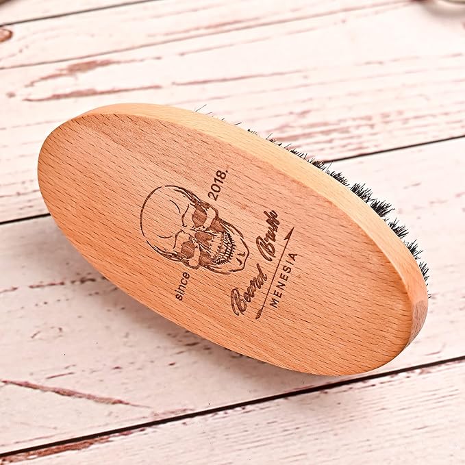 Boar Bristle Hair Beard Brush for Men, Pocket Travel Men's Wooden Small Soft Beard Brush (Skull)