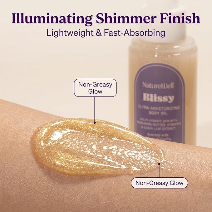 NATURE WELL Illuminating Shimmer Body Oil, Lightweight, Fast-Absorbing Formula, Designed Deeply Hydrate & Condition the Skin, Scented with Vanilla, White Flowers, Violet, & Sandalwood, 3.4 Oz