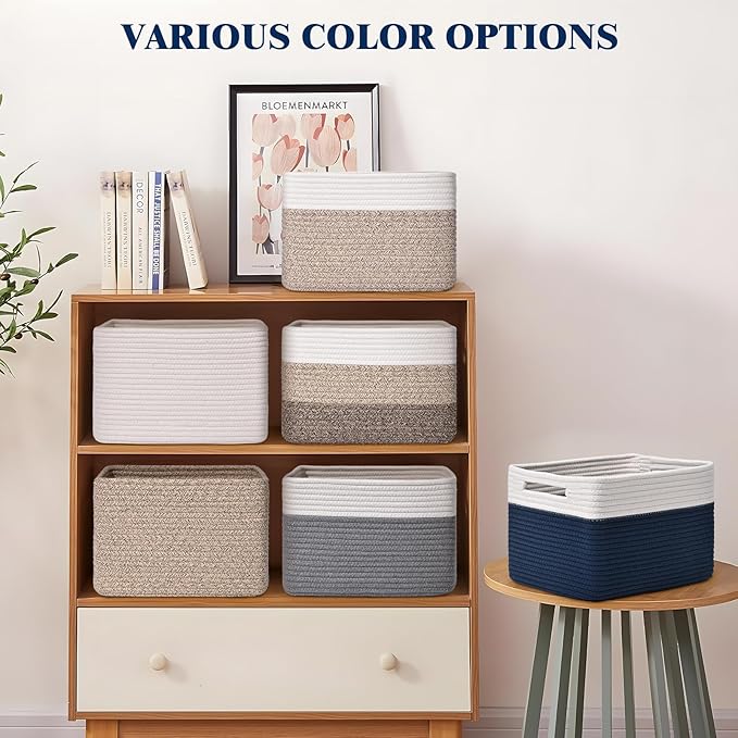 Storage Baskets for Organizing, 4 Pack Baskets for Shelves, Decorative Storage Bins for Shelves, Cotton Rope Storage Basket with Handles, Woven Basket for Storage, 13''Lx8.7''Wx7.9''H, White & Blue