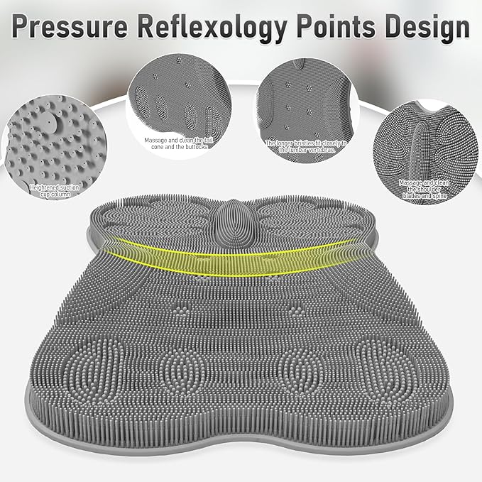 Back Scrubber Body Bath Cushion Tub Bathtub Back Lumbar Support Ergonomic Silicone XL Thick Soft Seat Pad Non-Slip Suction Cups Relaxing Spa Mat Exfloating Scrubbing Shower 28 x 19 Grey