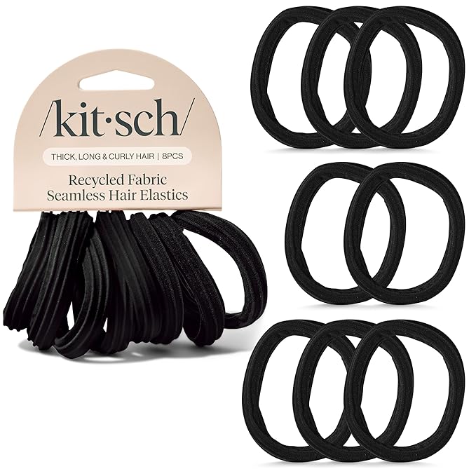 Kitsch Seamless Hair Ties No Damage - Stretchable Hair Bands for Strong All-Day Hold, Ponytail Holders | Hair Accessories for Girls | Ideal Gifts for Women - Black 8 Pcs