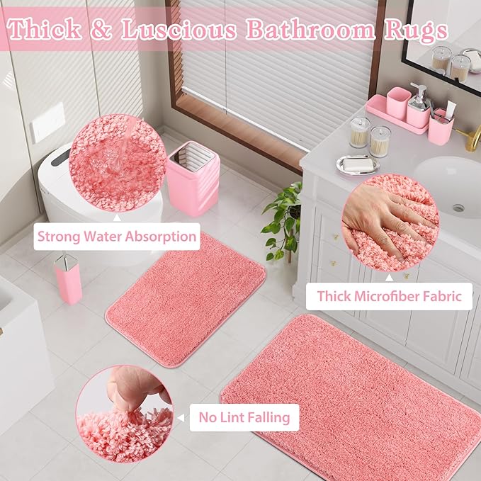 Bathroom Accessory Set–Bathroom Sets with Shower Curtain and Rugs, Non Slip Bathroom Rugs Super Absorbent, Pink Ombre Waterproof Shower Curtain with Hooks, Pink Bathroom Sets Complete for Home