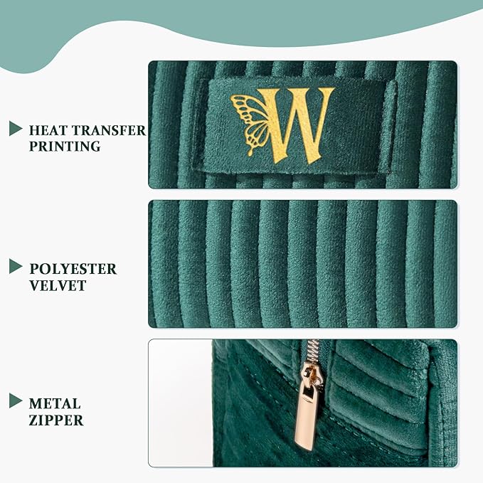 COSHAYSOO Travel Makeup Bag Quilted Make Up Pouch Initial Velvet Cosmetic Case with Butterfly Decorations for Women Cosmetics Complexion Skincare Products Tools Accessories Organizer Green Letter W