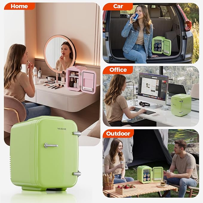 Mini Fridge, 4 Liter/6 Can Mini Makeup Fridge, 110V AC/ 12V DC Portable Thermoelectric Cooler&Warmer for Skincare, Drink, Cosmetic, Medicine, Small fridge for Bedroom, Office, Dorm, Car, Green