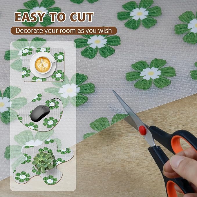 Drawer and Shelf Liner for Kitchen Cabinet,Non-Adhesive Waterproof EVA Drawer Liner for Dresser & Bathroom Vanities with Cutting Tool(12 in X 10 Ft Green Chrysanthemum)