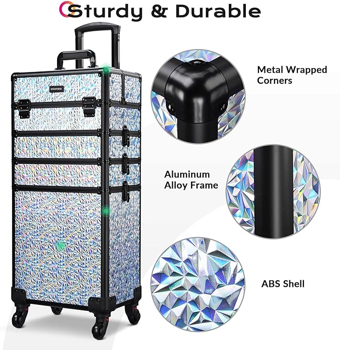 BYOOTIQUE Makeup Cart on Wheels 3-Piece Lockable Esthetician Rolling Case Cosmetology Organizer Kit Hair Tool Travel Bag for Lash Artist Nail Slon Beauty Studio Hairstylist Manicurist,Mermaid Silver