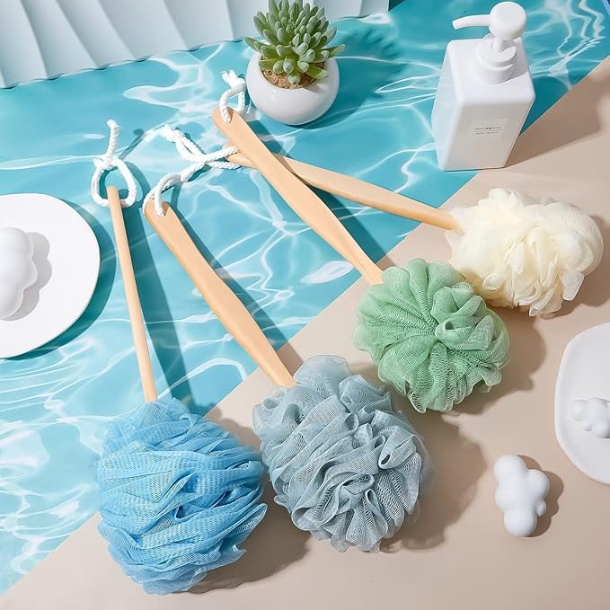 Tessco for you 12 Pcs Large Loofah on a Stick Shower Loofah with Long Handle Back Scrubber for Shower PE Body Bath Sponge Soft Spa Mesh Brush Wash Exfoliating Luffas for Men Women(Dark Color)