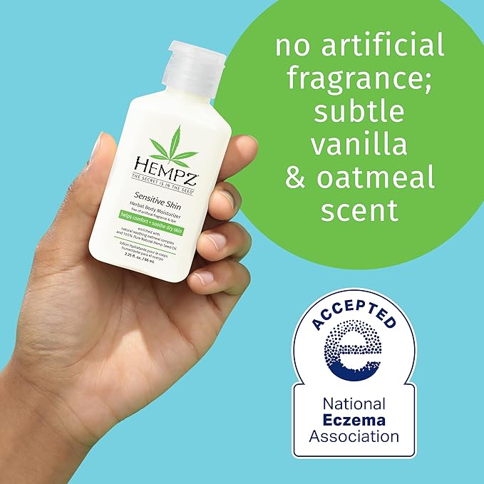Hempz Sensitive Skin Herbal Body Moisturizer with Oatmeal, Shea Butter for Women and Men,2.25 oz. -Premium,Soothing Body Lotion with Hemp/Cocoa/Mango Seed for Dry Skin -Skin Care Products