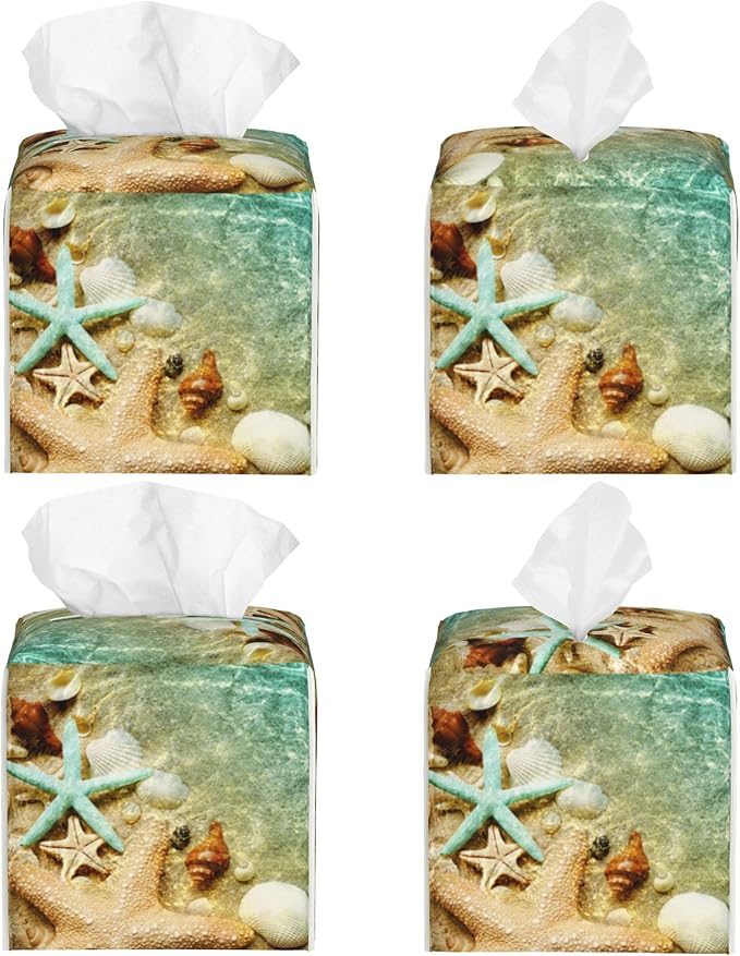 Starfish Seashell on Summer Beach Tissue Box Cover Square, Starfish Seashell Tissue Box Holder Waterproof Leather Facial Paper Organizer Dispenser for Bathroom Home Car Nightstand Vanity Desk