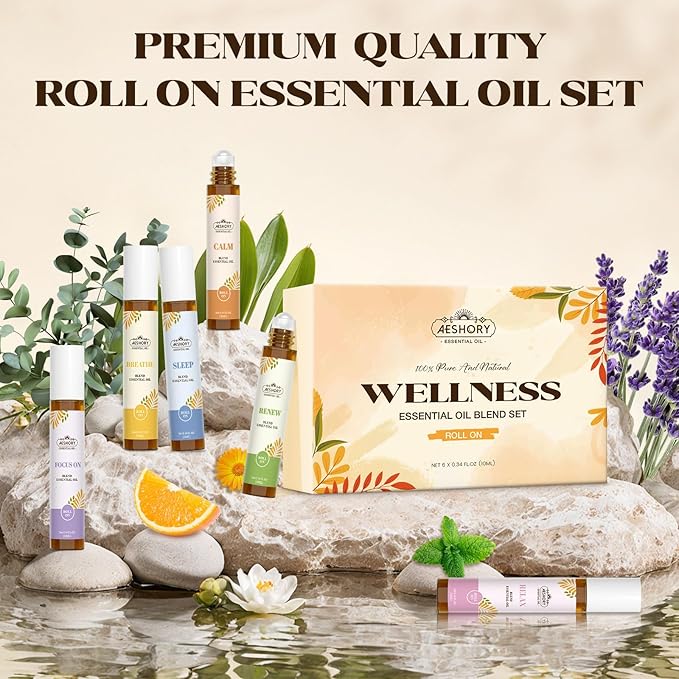 Essential Oils Roll On Set,Valentines Day Gifts for Her(Calm, Relax, Breathe, Focus on, Sleep, Renew), Natural Aromatherapy Oil Blend Kit with Roller Ball for Massage, Body Skin Care, Relaxation Gift