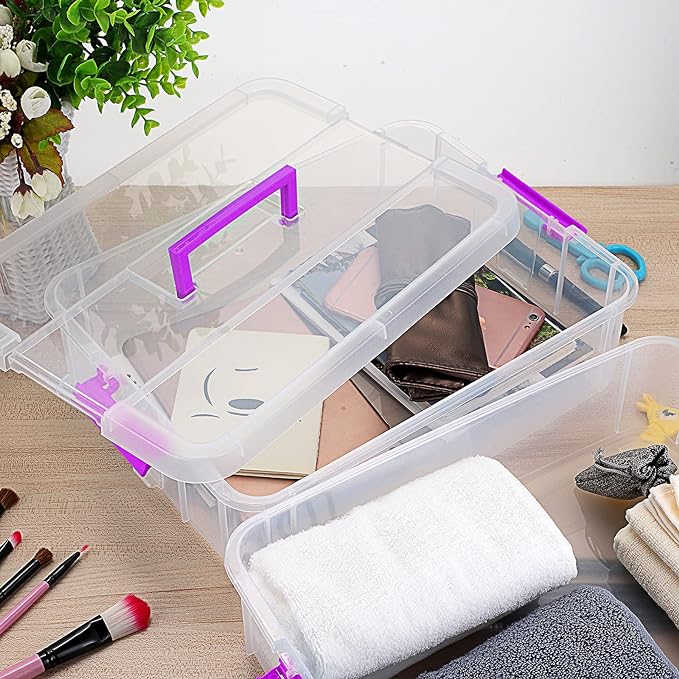 BTSKY 2 Layer Stack & Carry Box, Plastic Multipurpose Portable Storage Container Box Handled Organizer Storage Box for Organizing Stationery, Sewing, Art Craft, Jewelry and Beauty Supplies(Purple)