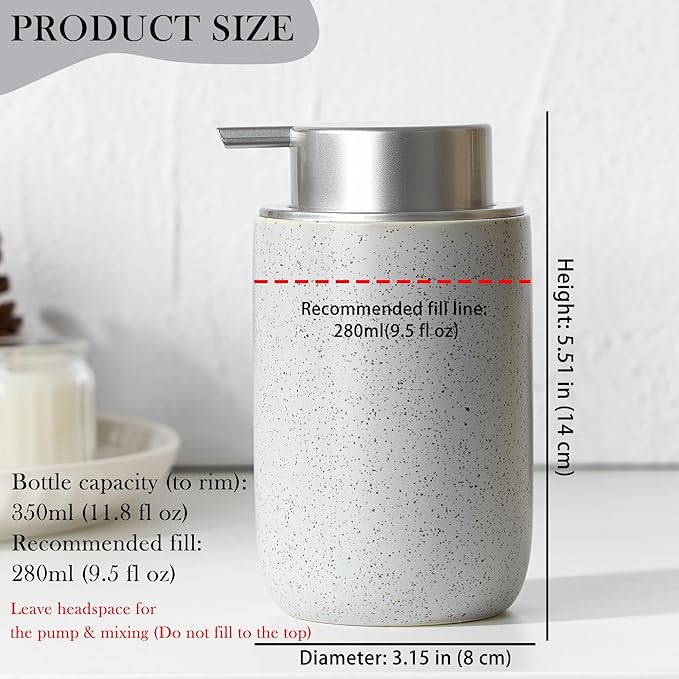 Gray Foaming Soap Dispenser,Ceramic Foam Dispenser with Silver Plastic Pump for Bathroom&Kitchen,12oz Refillable Foaming Dispenser
