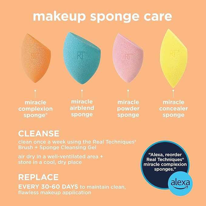 Real Techniques 6 Pack Assorted Makeup Blending Sponges, 3 Miracle Makeup Sponges, For Blending, Baking, And Setting, Use With Foundation & Powder, Dewy or Matte Finish, Cruelty-Free