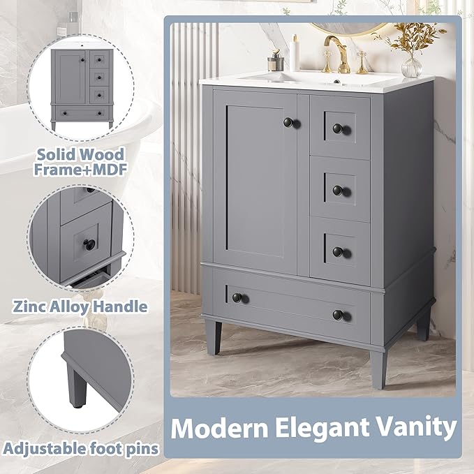 Bellemave 24" Bathroom Vanity with Sink Combo Set, Solid Wood Frame Bathroom Storage Cabinet with 3 Drawers, Soft Closing Cabinet Door with Organizer, Grey