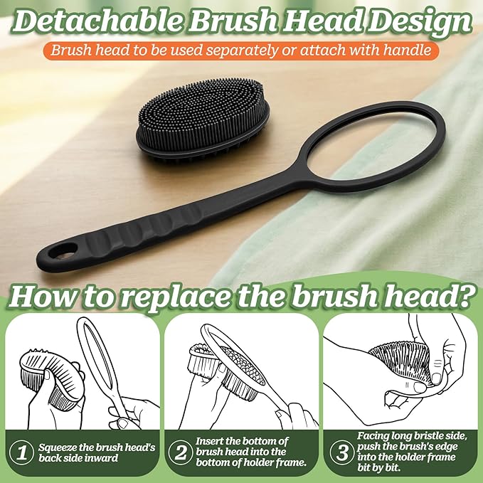 Silicone Back Scrubber for Shower, Soft Silicone Loofah with Handle, Gentle Exfoliating Back Scrubber, Back Brush Bath Brush with Dual-Side & Detachable Brush Head(Black)