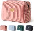 COSHAYSOO Travel Makeup Bag Quilted Make Up Pouch Initial Velvet Cosmetic Case with Butterfly Decorations for Women Cosmetics Complexion Skincare Products Tools Accessories Organizer Pink Letter W