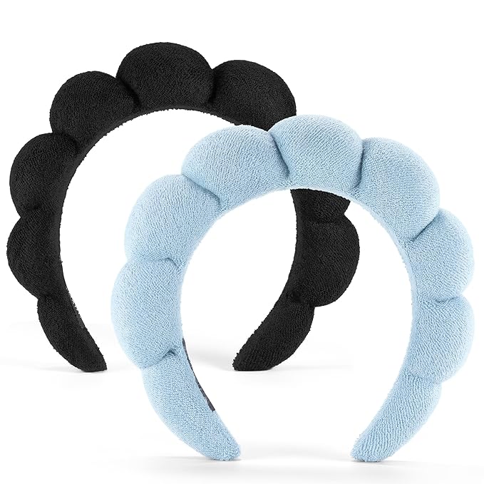 Face Wash Headband, Set of 2 - Terry Cloth Spa Headbands for Washing Face or Facial, Puffy Makeup Headbands for Skincare, Mask, Hair Salon, Professional Use (Black & Blue)