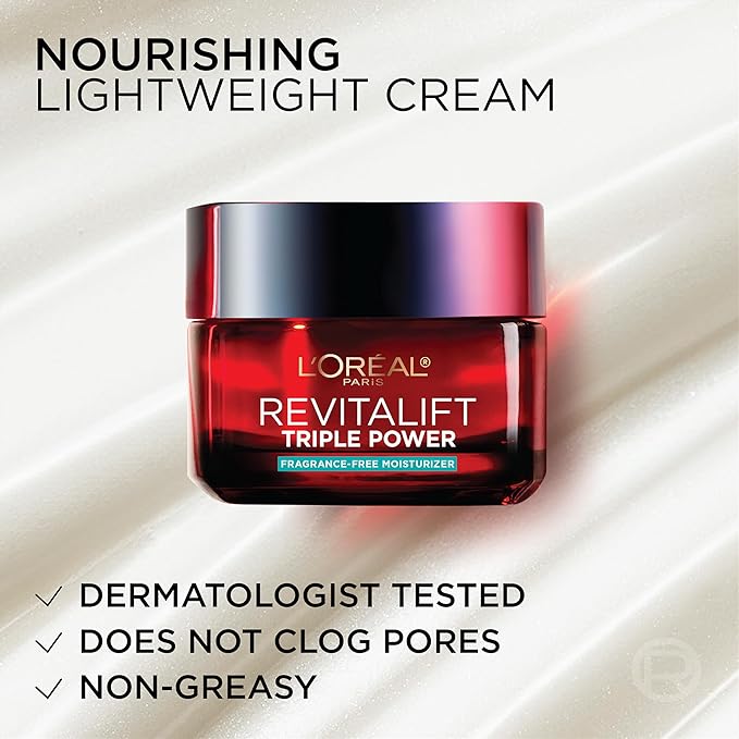 L'Oreal Paris Revitalift Triple Power Anti-Aging Face Moisturizer, Fragrance Free, Pro Retinol, Hyaluronic Acid & Vitamin C to Reduce Wrinkles, Firm & Brighten Skin, 2.55 Oz