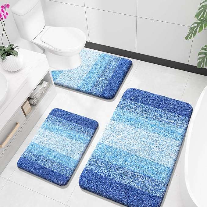 OLANLY Bathroom Rugs Sets 3 Piece, Soft Absorbent Microfiber Bath Mats and U-Shaped Contour Toilet Rug, Plush Shaggy Bath Mat Set for Bathroom (36"x24"+24"x16"+24"x20", Light Royal Blue)