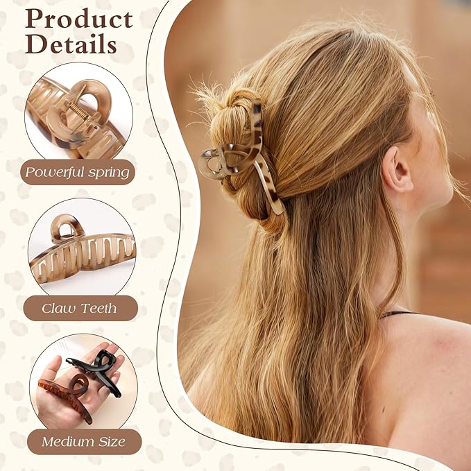 Auseibeely 6 Pcs Medium Tortoise Shell Claw Clip - 4.3 Inch Hair Clips for Women and Girls, Non-slip Hat Claw Clips for Thin/Medium Hair, Banana Jaw Clips Hair Accessories for Gift