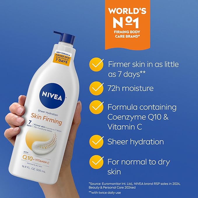 NIVEA Sheer Hydration Skin Firming Body Lotion with Q10 and Vitamin C, 72-Hour Body Moisturizer for Normal to Dry Skin, 16.9 Fl Oz Pump Bottle, Pack of 3