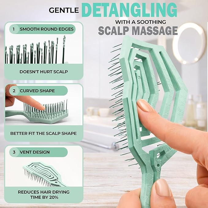Fiora Naturals Hair Detangling Brush for Women - Detangler Hair Brush w/Flexible Soft Bristles- Gently Glides Through Tangles - Curly, Fine, Dry and Shower Wet HairBrush, cepillo para cabello - Green