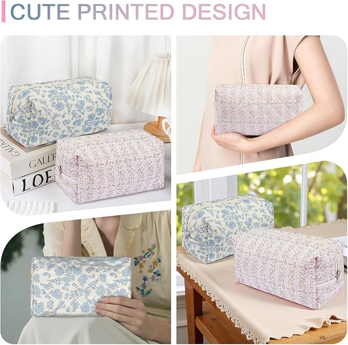 2 Pack Floral Makeup Bag, Cute Cosmetic Bag for Women Girls, Quilted Cotton Make up Pouch, Travel Makeup Bags, Portable Storage Toiletry Organizer Bag(Pink+Blue Floral)