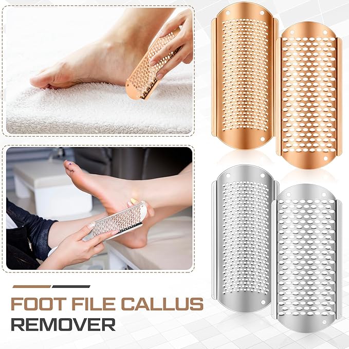 Moxweyeni 8 Pack Rose Gold,Silver Foot File Callus Remover Replacement Blades Metal File Callus Remover Hard Skin Remove Stainless Steel 2 Designs Big/fine Hole for Detachable Foot Scrubber