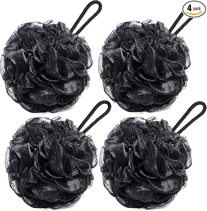 VANZAVANZU Bath Loofah Large 80g Shower Sponge Body Scrubber Mesh Pouf for Men and Women, Set of 4 (Black)