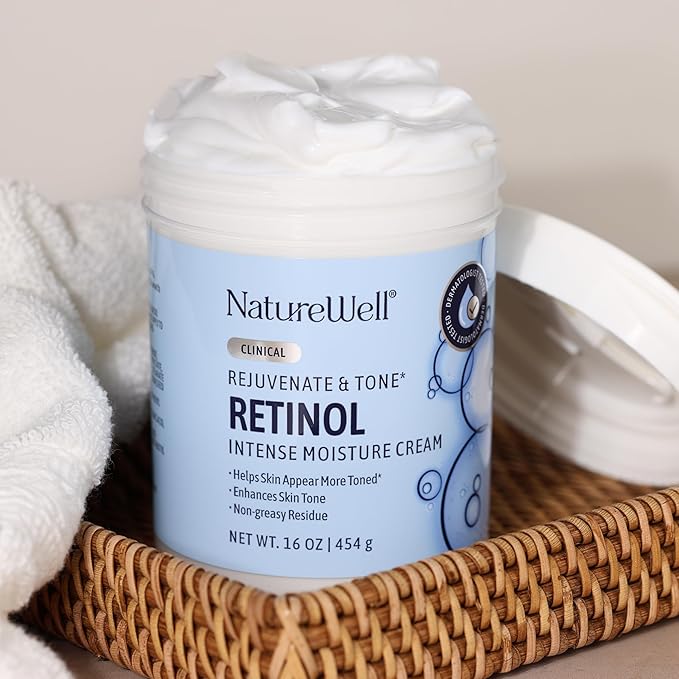 NATURE WELL Clinical Retinol Intense Moisture Cream for Face & Body - Anti-Aging Firming Cream for Wrinkles, Fine Lines & Crepey Skin – Hydrating & Nourishing Body Lotion & Facial Moisturizer - 16 Oz
