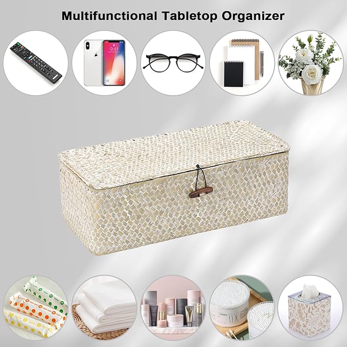 Sumnacon Small Woven Basket for Shelf Wicker Shelf Storage Basket with Sections Seagrass Storage Baskets with Lid for Tampon Toiletry Rectangular Storage Basket for Shelf Bathroom Table Desk Whitewash