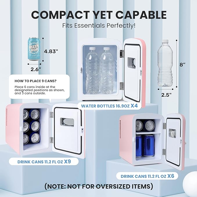 YSSOA 9 Cans Compact Mini Fridge, Warmer and Cooler Portable Refrigerator with Observation, Freon-Free & Eco Friendly, 6L with window, Pink