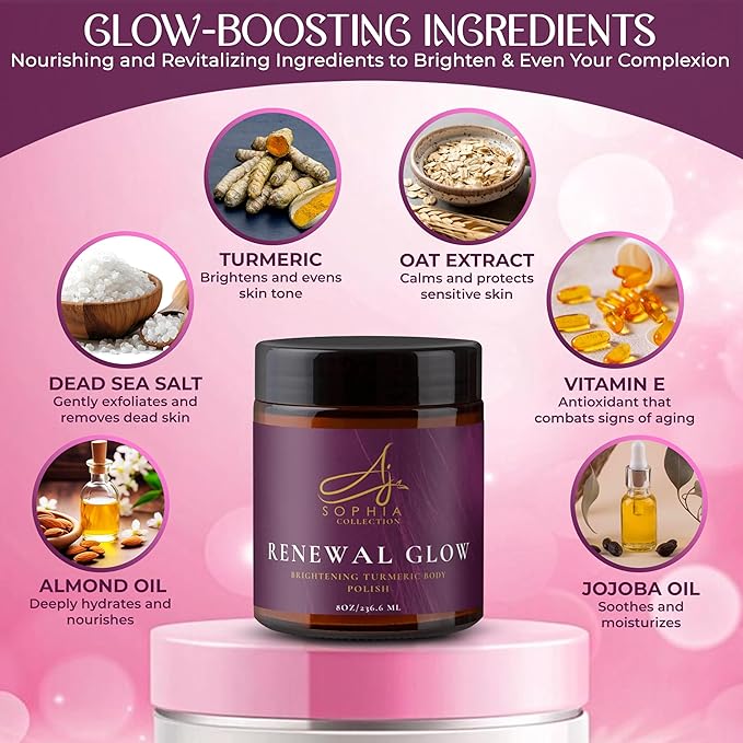 AJ Sophia’s Turmeric Body Polish Scrub – Renewal Brightening & Exfoliating Skincare with Vitamin E & Glycerin – Body Scrub for Glowing Skin, Dark Spots, Uneven Tone & Texture – All Skin Types, 8 fl oz