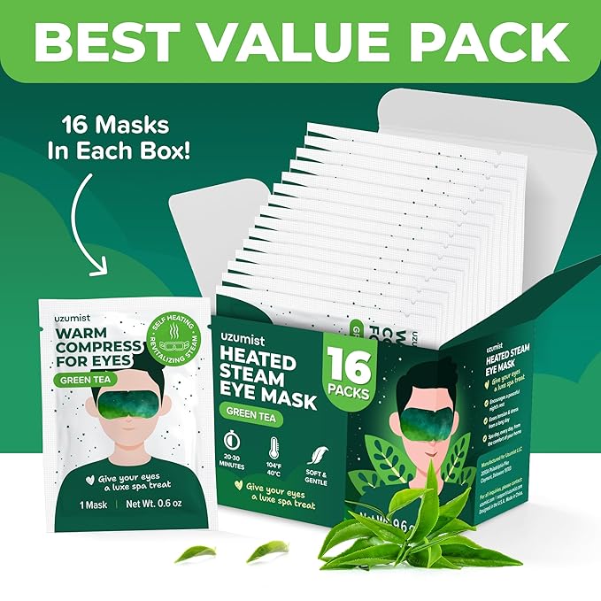 Heated Eye Mask For Dry Eyes - 16pcs Self Heating Steam Eye Mask - Warm Compress For Eyes - Warming & Ready To Use For Sleep & Relaxation - On-The-Go Warm Eye Compress For Dry Eyes Travel Essentials