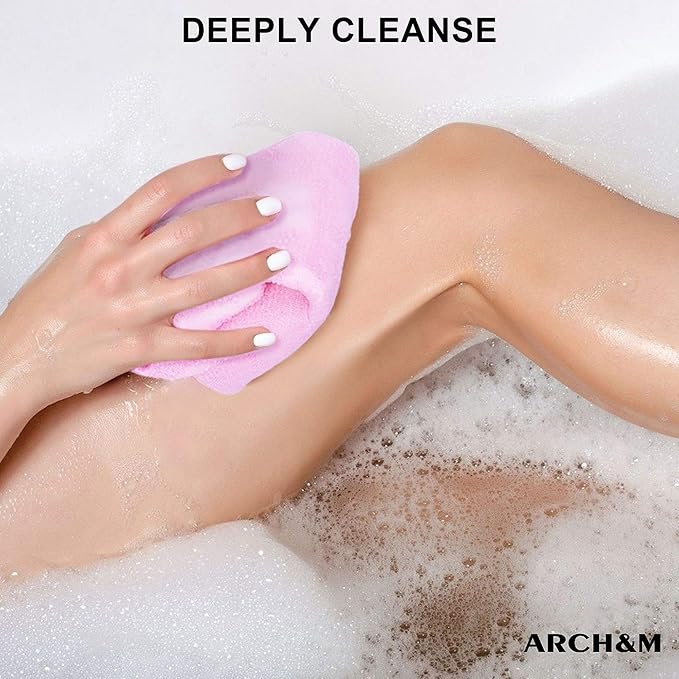 ARCH&M Exfoliating Back Scrubber & Body Washcloth (3 Pack), 35-Inch Japanese Exfoliation Towel for Shower, Deep Cleansing Nylon Beauty Cloth for Smooth Skin (Black Off-White Navy-Blue)