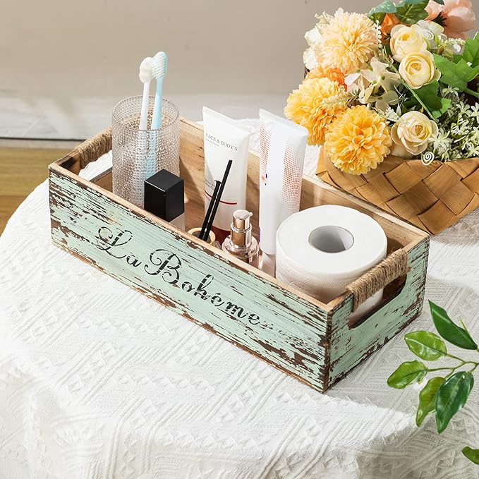 TIMRIS Farmhouse Distressed Wooden Storage Box, Rustic Bathroom Decor Box, Decorative Toilet Tank Basket Nice Butt, Vintage Countertop Organizer Box with Handles (Distressed Green)