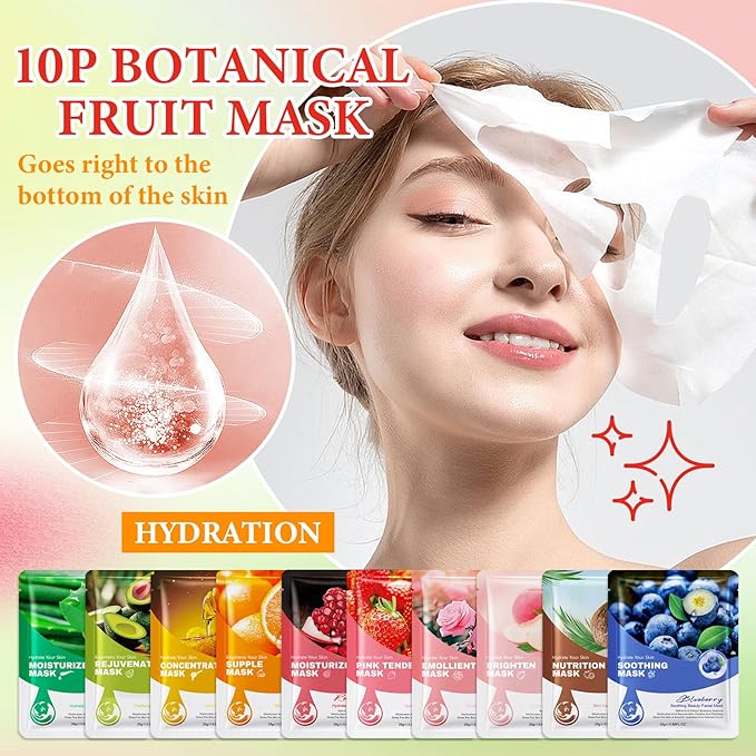 10 Pack Variety Facial Sheet Masks Skin Care Set, Hydrating Bulk Sheet Face Masks Skincare Gifts Set for Women Men, Long Lasting Moisturizing Face Mask Skincare for All Skin Type（C9)