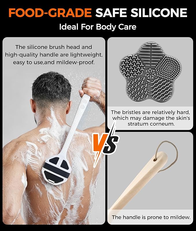 Silicone Body Scrubber with Long Handle, 2 Pack Soft Bristles Lathers Easily for Gentle Exfoliating & Deep Clean, Rich Foam, Durable Back Bath Brush (Black + Pink)