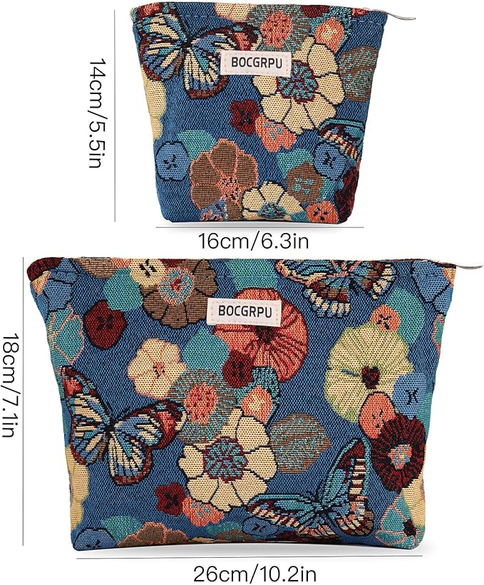 2 PCS Makeup Bag Set，Portable Small Cosmetic Bag for Purse ，Large Storage Capacity Toiletry Bag Organizer，Travel Pouch with Zipper for Women, (Flower Garden Blue)