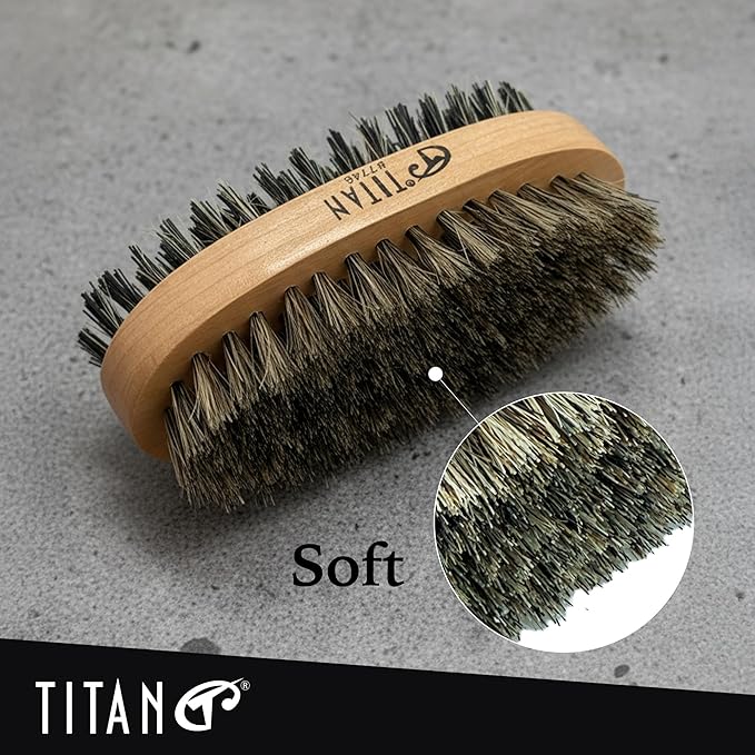 TITAN Double Sided Military Hair Brush – Soft & Hard Boar Bristle Wave Brush for Men – Dual-Sided Palm Brush with Wooden Handle for 360 Waves, Beard, and Hair Grooming